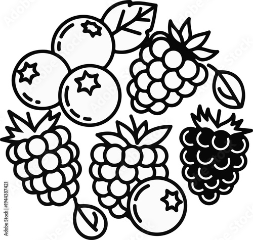 Circle of blueberries and raspberries with leaves