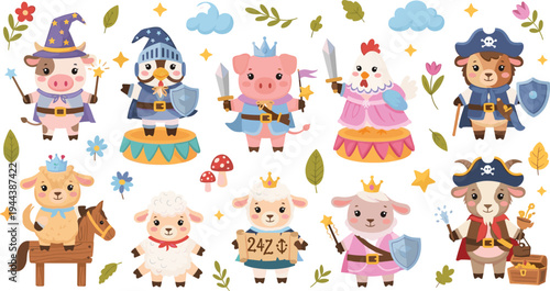 Whimsical Farm Animal Costumes Set Featuring Pirate, Princess, King, Wizard, and Knight Roles for Fun Character Illustrations