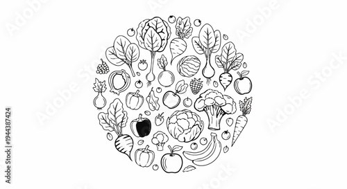 Circle of fresh produce fruits and vegetables sketched in black ink on white