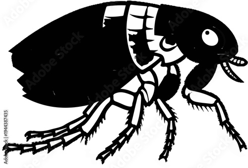 Cartoon flea with large black body and six legs, white details