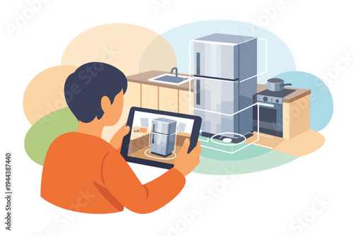 Person using tablet to control smart refrigerator in kitchen.