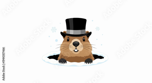 Cartoon groundhog in a top hat peeking out of a snow hole