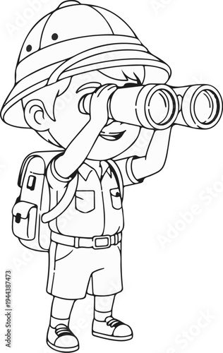 Cartoon explorer in safari hat and backpack uses binoculars to observe