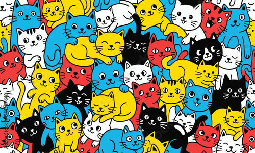 Dense Crowd of Colorful Cartoon Cats Pattern Vector
