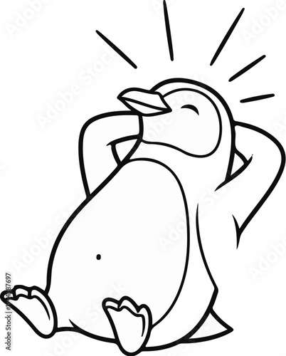 Cartoon penguin with closed eyes and flippers behind head, relaxed