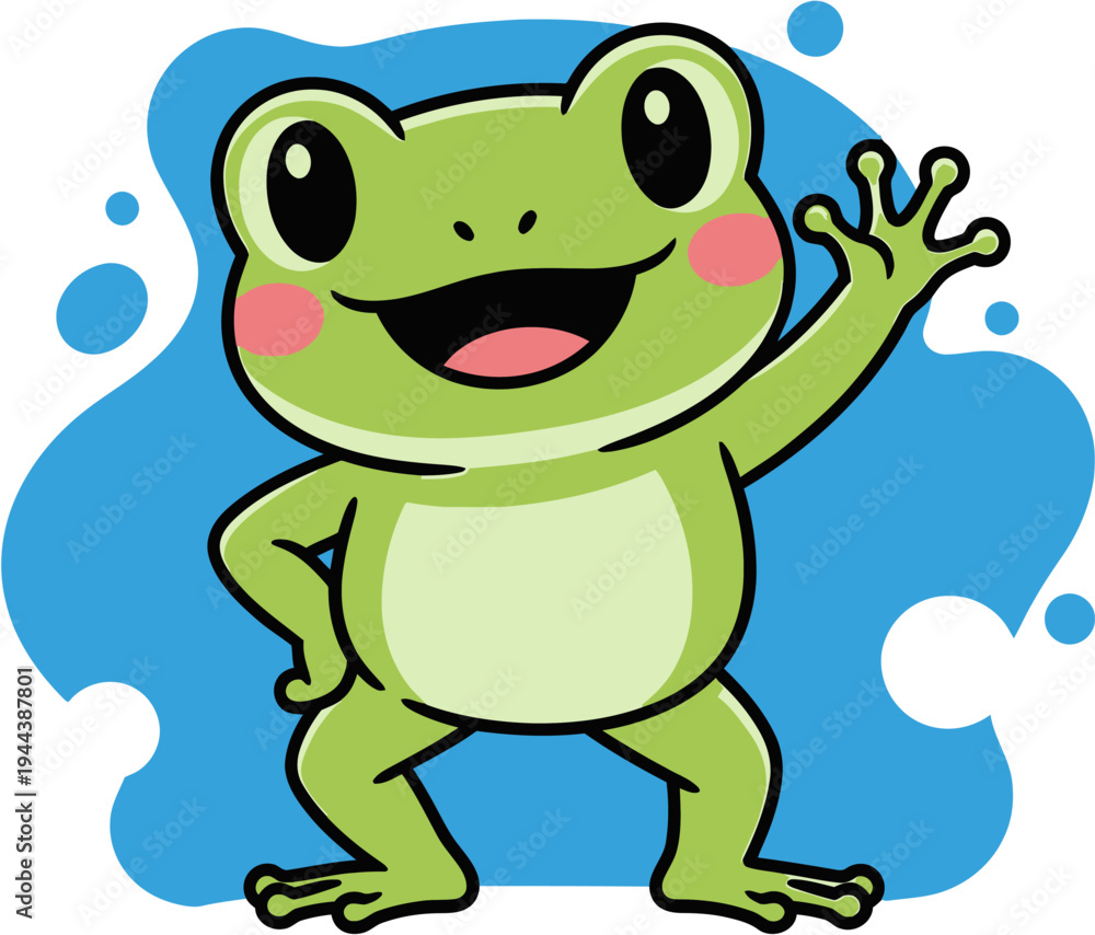 Obraz premium Friendly green cartoon frog waving with a happy smile against a vibrant blue splash. Cheerful and playful illustration perfect for children's projects