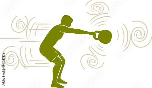 Dynamic graphic silhouette of an athlete performing a vigorous kettlebell swing, emphasizing powerful core engagement and full-body strength training for an energetic fitness workout routine