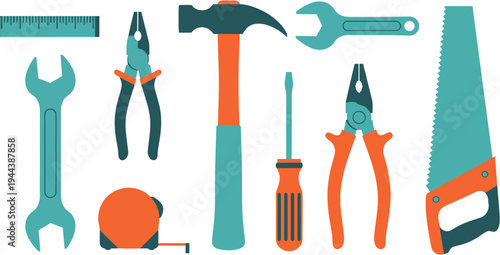 Collection of assorted hand tools, including a hammer, wrench, pliers, screwdriver, tape measure, and saw, displayed on a white background for a clean, organized look