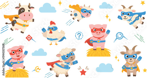Superhero Farm Animals Set Featuring Cow, Pig, Chicken, Sheep, and Goat in Capes and Masks for Fun Illustrations