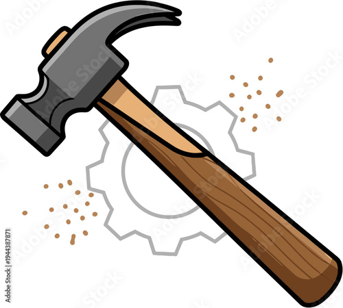 Vibrant Cartoon Illustration of a Classic Claw Hammer with Wood Shavings, Symbolizing DIY Projects, Construction, and Home Improvement Tasks on a White Background with a Subtle Gear Outline