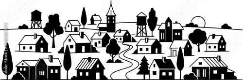 Icons of a small town or village or sleeping area with private houses, with and without the moon and stars, black line icons.
