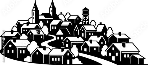 Icons of a small town or village or sleeping area with private houses, with and without the moon and stars, black line icons.

