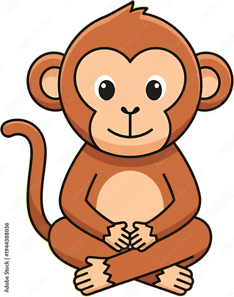 Fototapeta premium Cute cartoon monkey illustration with a friendly expression, sitting cross-legged in a relaxed pose, perfect for children's books and educational materials