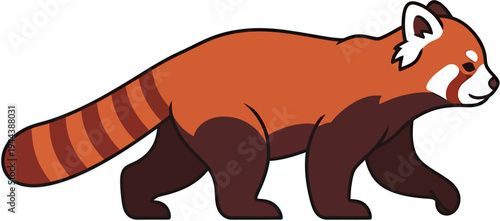 Delightful cartoon illustration of a charming red panda walking, highlighting its fluffy orange-brown fur and iconic striped tail in a vibrant, animated vector style