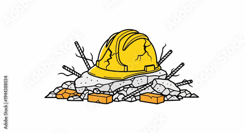 Broken yellow hard hat on rubble with rebar and bricks