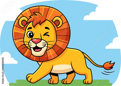 A happy, winking cartoon lion with a mane, walking confidently across a grassy field under a blue sky with white clouds, ideal for children's illustrations and educational materials