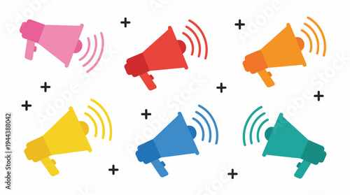 Six colorful megaphones broadcasting sound waves on a white background with small plus signs.