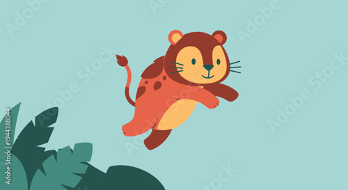 Charming cartoon illustration of a playful leopard cub jumping through a light blue sky with lush green foliage