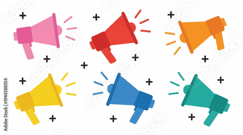 Six colorful megaphones in various hues, including pink, red, orange, yellow, blue, and green, arranged on a white background with sound waves and plus signs.