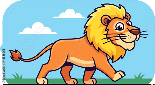 A friendly cartoon lion with a majestic mane walks confidently across a grassy field under a cloudy sky