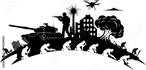 War icon in the form of a black silhouette, war icon with war victims, tanks, soldiers, drones, explosion and ruins from war, consequences of war vector.