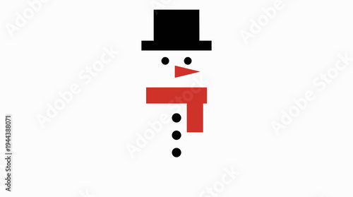 Minimalist geometric snowman illustration with black hat, orange nose, red scarf, and black button details on a white background.