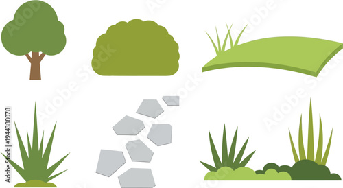 Vibrant Flat Design Vector Elements Garden and Park Landscaping Collection. Illustrative Set Featuring Trees, Bushes, Grass Patches, and Stone Paths for Outdoor Nature Scenes