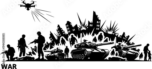 War icon in the form of a black silhouette, war icon with war victims, tanks, soldiers, drones, explosion and ruins from war, consequences of war vector.