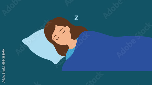 Cartoon illustration of a peaceful woman sleeping soundly in her bed at night, covered by a blue blanket with a pillow.