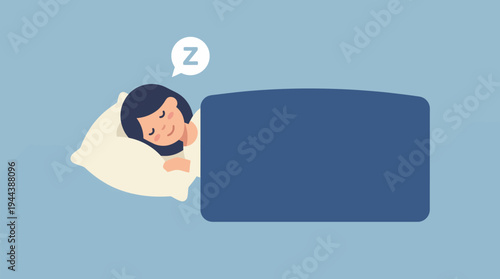 A peaceful cartoon illustration of a woman sleeping soundly in her bed under a blue blanket.