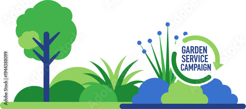 Vibrant flat design illustration showcasing a comprehensive garden service campaign for outdoor landscaping and plant care, symbolizing growth and environmental harmony with trees and bushes