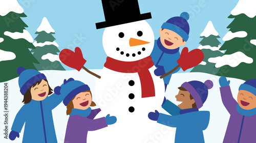 Happy children playing in the snow, building and admiring a large snowman with a top hat and red scarf in a winter wonderland scene.