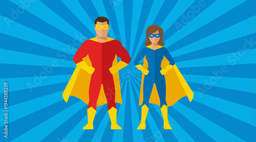 Two cartoon superheroes, a man in red and a woman in blue, standing heroically with capes against a vibrant blue radial background.