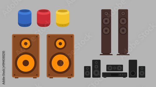 Illustration of various audio equipment including colorful portable speakers, bookshelf speakers, and a complete home theater system.