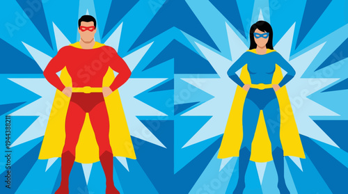 Two cartoon superheroes, a man in red and a woman in blue, standing confidently with capes against a starburst background.