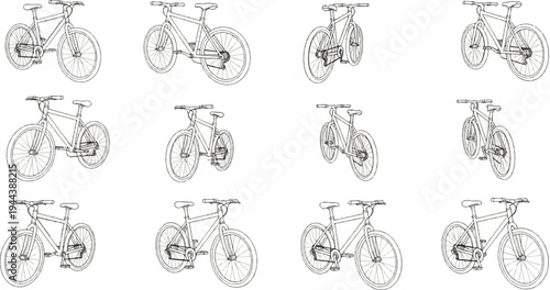 Collection of twelve sketched bicycle illustrations in a grid pattern