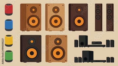 A collection of various audio speakers and home theater sound systems in different sizes, colors, and configurations.