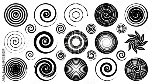 A diverse collection of black and white spiral shapes and swirling patterns, showcasing various designs from simple lines to complex concentric and pinwheel forms.