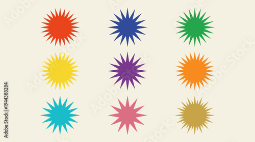 Nine colorful starburst shapes arranged in a grid on a light background, showcasing a vibrant palette of red, blue, green, yellow, purple, orange, cyan, pink, and gold.