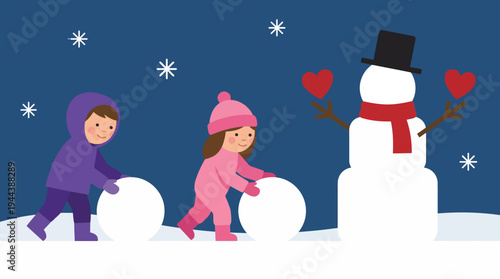 Two happy children building a snowman together in a snowy winter landscape with falling snowflakes.
