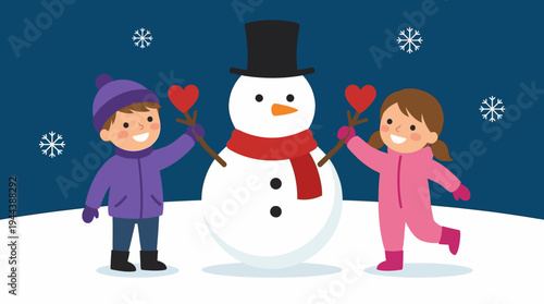Two happy children, a boy and a girl, decorating a snowman with heart-shaped sticks in a winter wonderland with falling snowflakes.