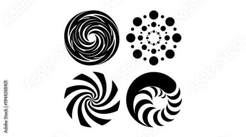 Four abstract black and white circular patterns with swirling, spiral, and concentric dot designs, showcasing various graphic elements and optical illusions.