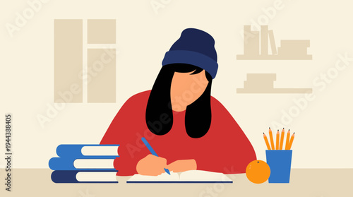 A flat illustration of a young woman wearing a blue beanie and red sweater, writing in a notebook at a desk with books, pencils, and an orange.