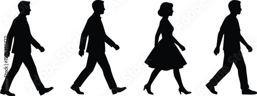 Walking people silhouettes set including man and woman pedestrian figures illustrating urban lifestyle movement and everyday activity