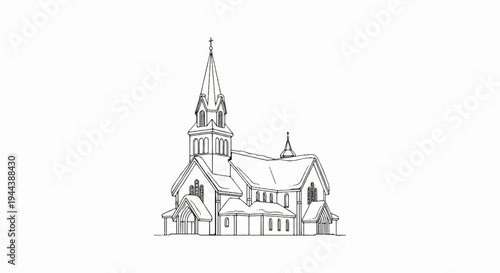 Detailed line drawing of a classic church with a tall spire and multiple peaked roofs