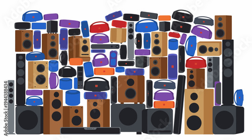 A dense, wall-like arrangement of numerous audio devices including various speakers, subwoofers, soundbars, and smart home assistants in different shapes and colors.