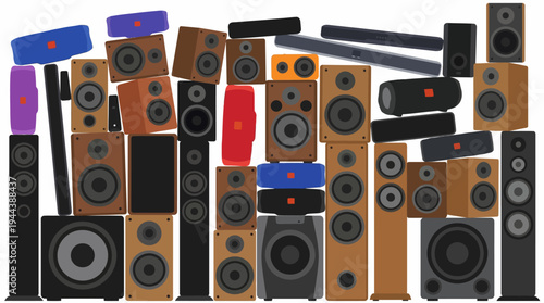 A diverse collection of audio speakers including floor-standing, bookshelf, soundbar, and portable Bluetooth models in various colors and sizes.