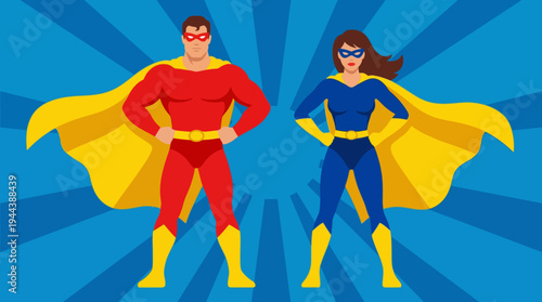 Two cartoon superheroes, a man in red and a woman in blue, standing heroically with capes against a radiating blue background.