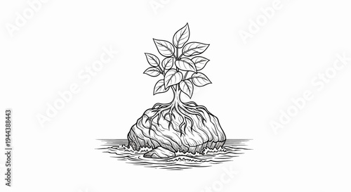 Delicate sapling thrives on a rocky outcrop in flowing water