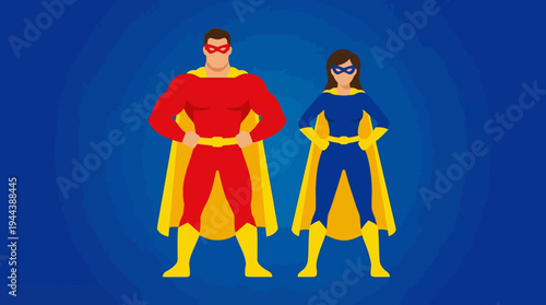 Illustration of a male superhero in a red suit and a female superhero in a blue suit, both with capes, standing confidently against a blue background.